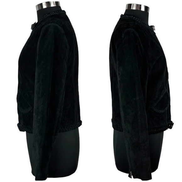METRO STYLE Y2K SUEDE BLACK LEATHER BRAIDED COLLARLESS MOTO BIKER JACKET - Picture 7 of 15